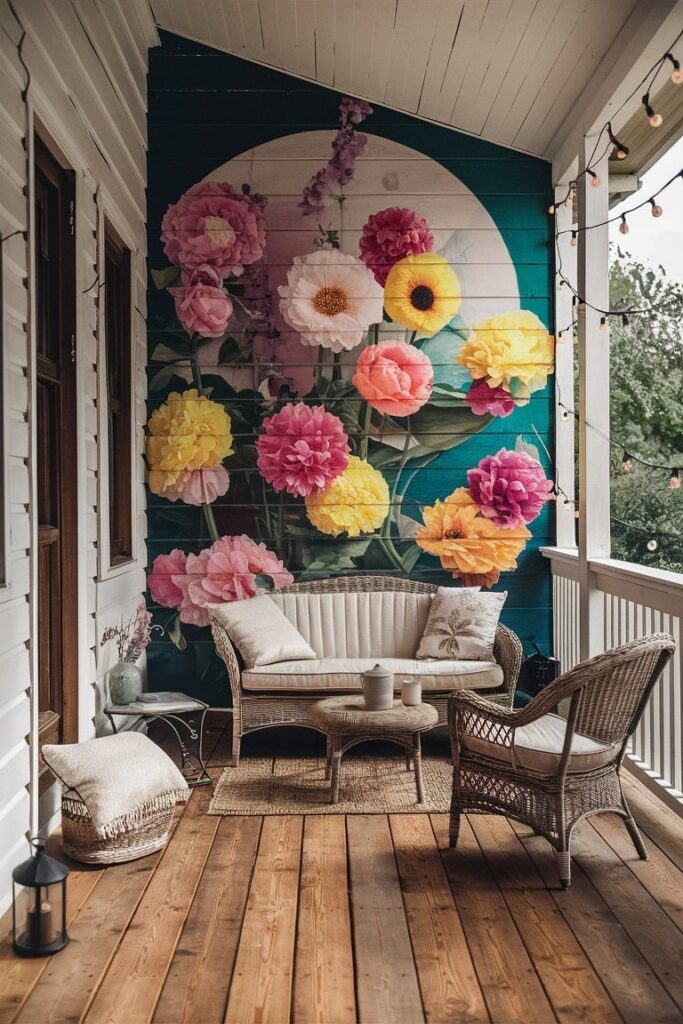 back porch with an accent wall, floral painting