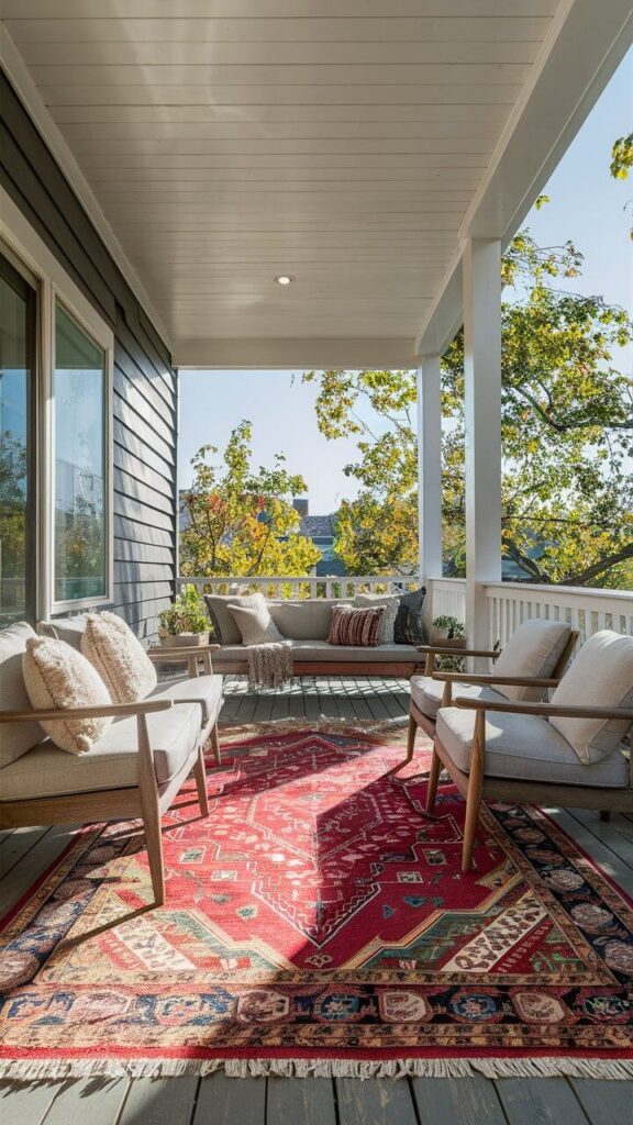 back porch with an area rug, outdoor chairs