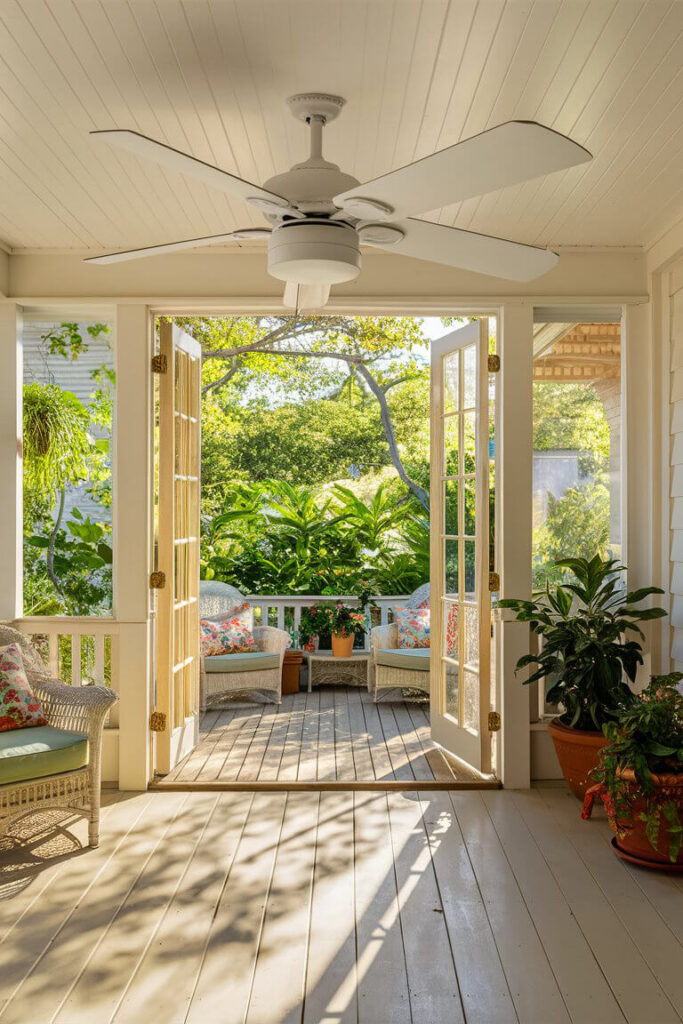 back porch with a ceiling fan