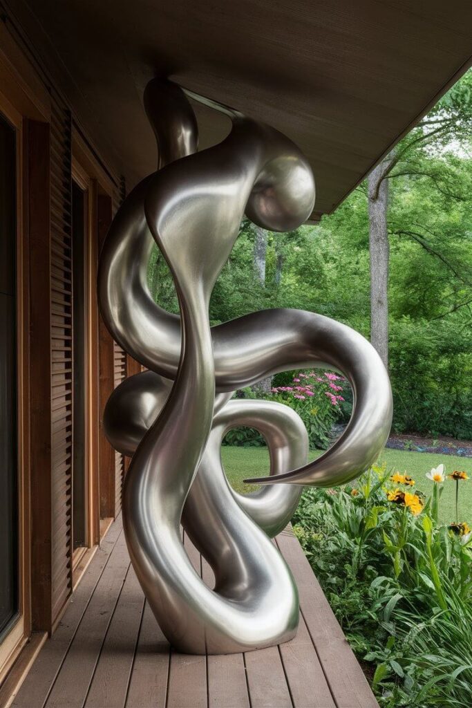 back porch with a modern polished metal sculpture