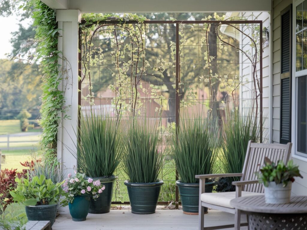 back porch with a natural privacy screen, tall plants, vines