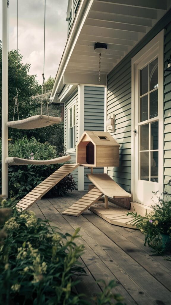 back porch with wooden outdoor cat playground