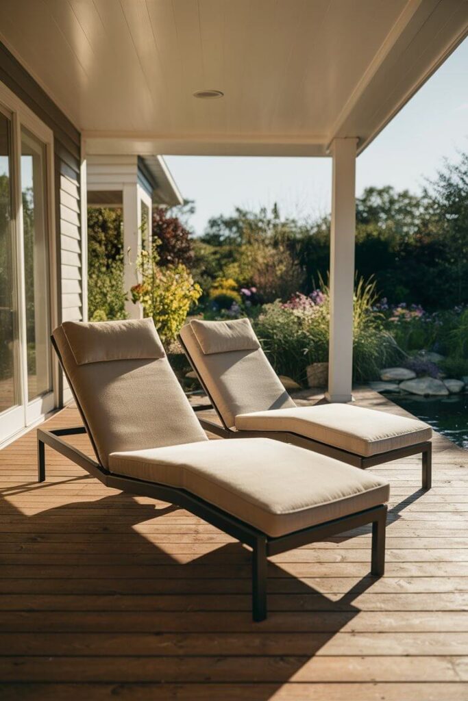 back porch with outdoor chaise lounge chairs