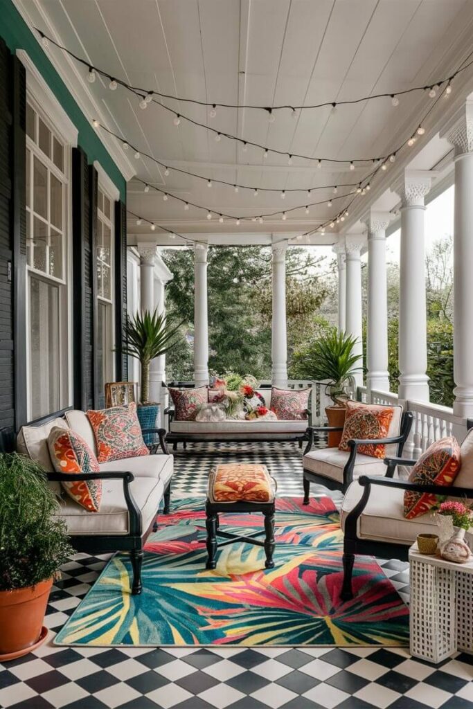 back porch with rich color decor against black and white design