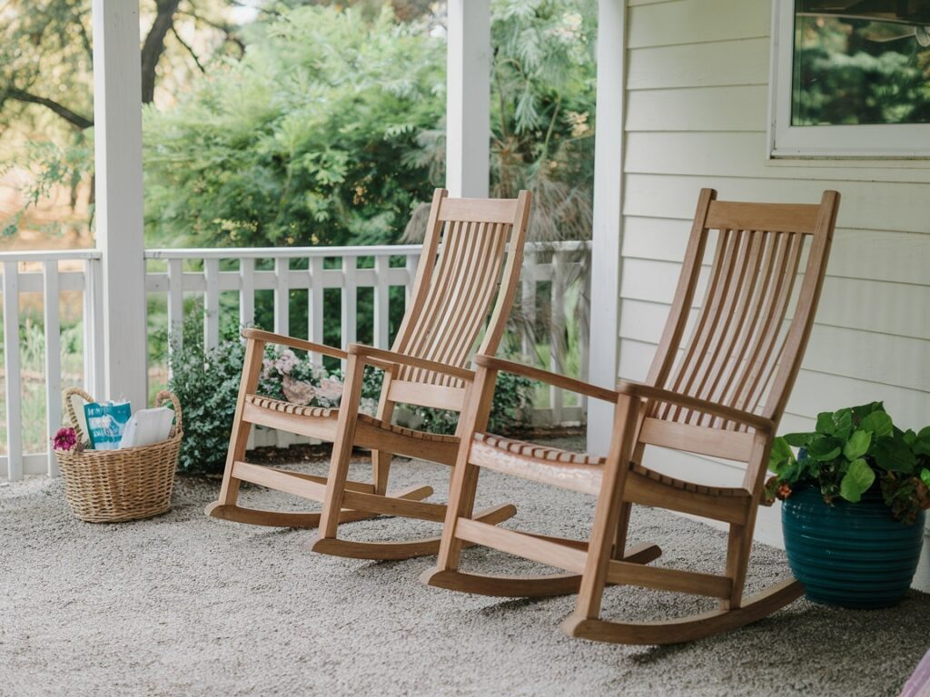 back porch with two teak wood rocking chairs