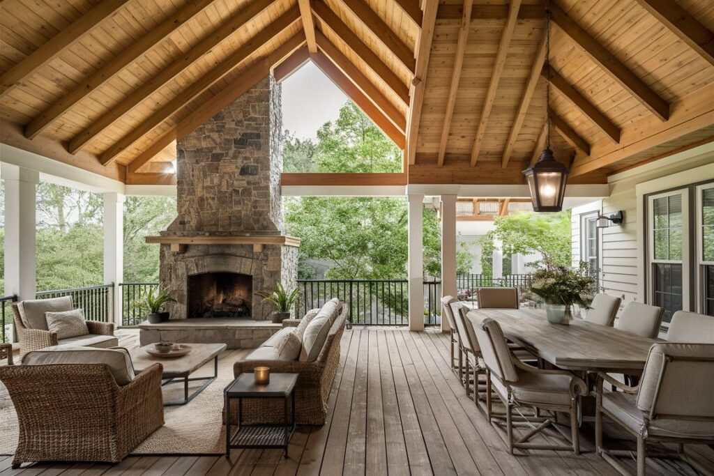 back porch with vaulted wood ceilings, stone fireplace