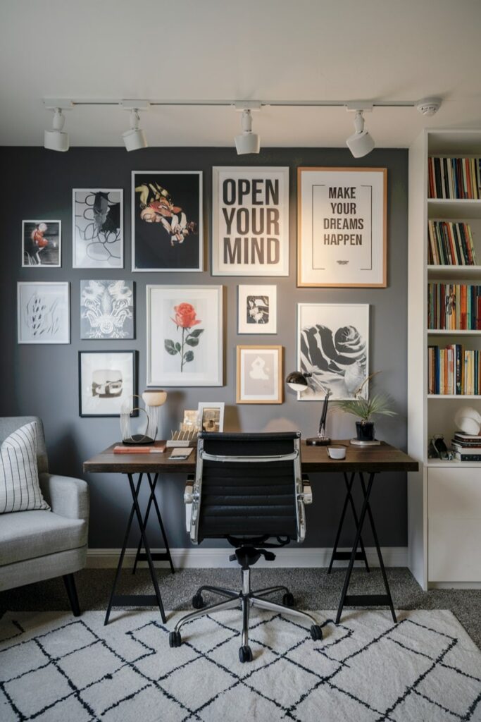 basement home office with gallery wall display, gray wall