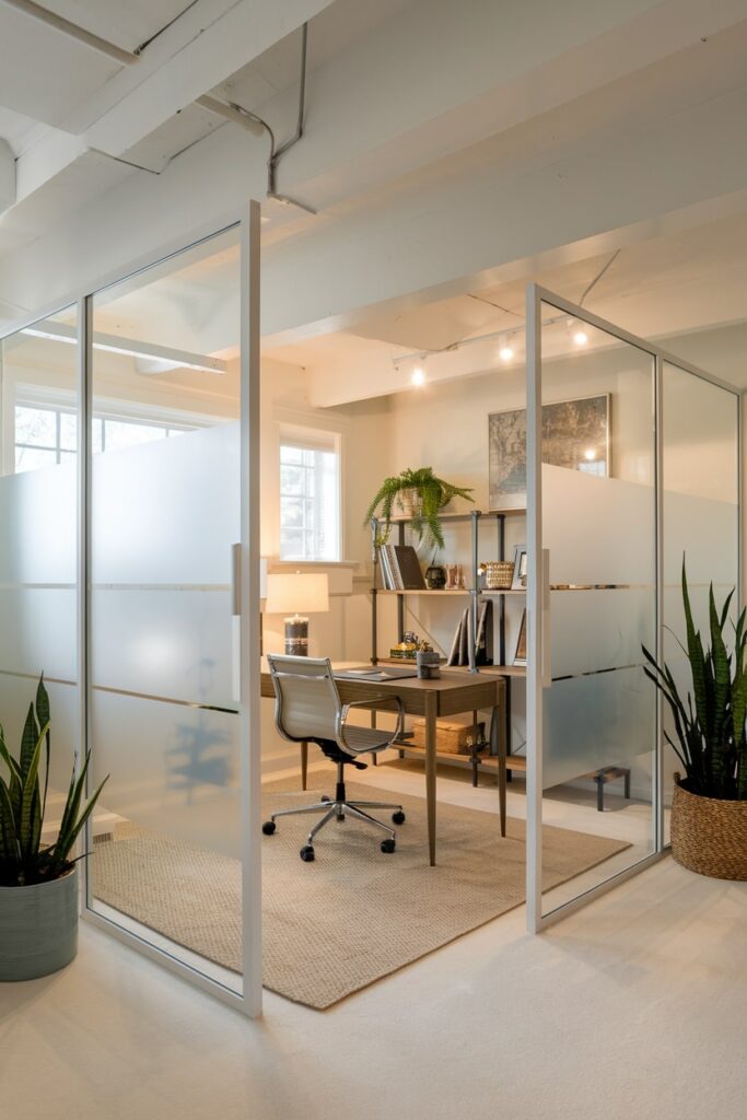 basement home office with glass partition walls