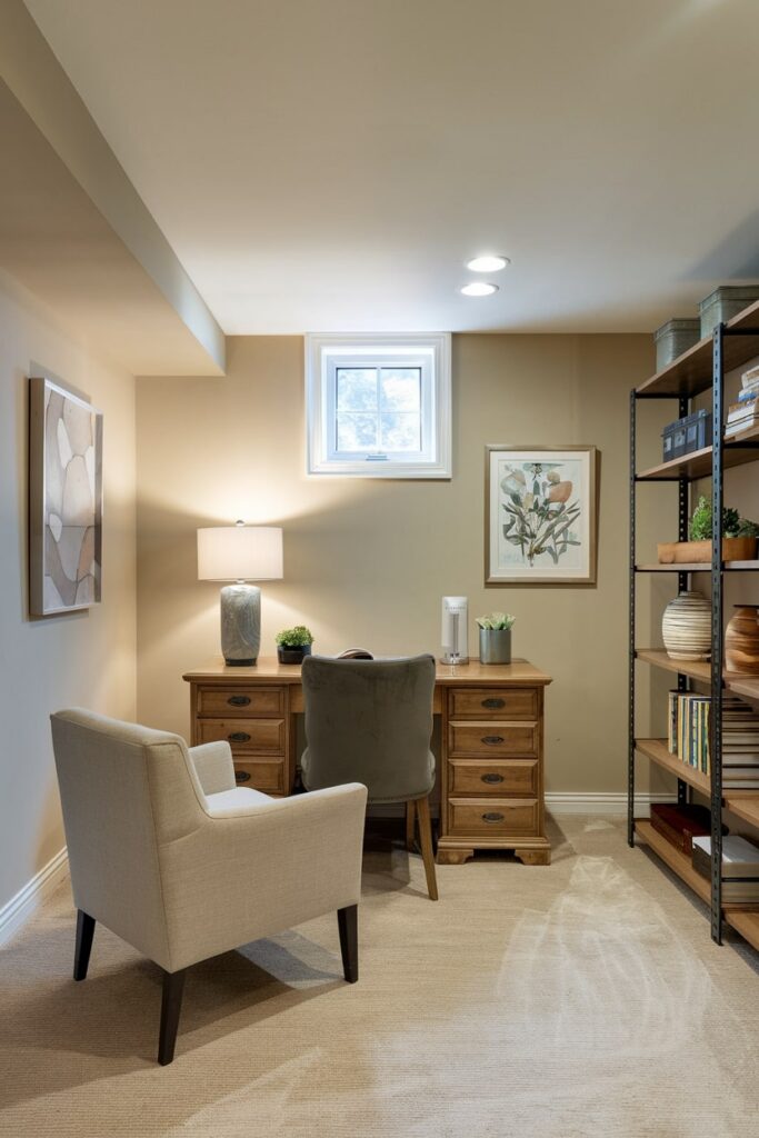 basement office with a small egress window and wooden desk, beige walls