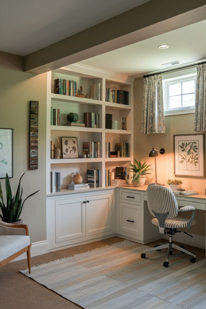 basement office with white built-ins, brown carpet, light area rug, striped office chair