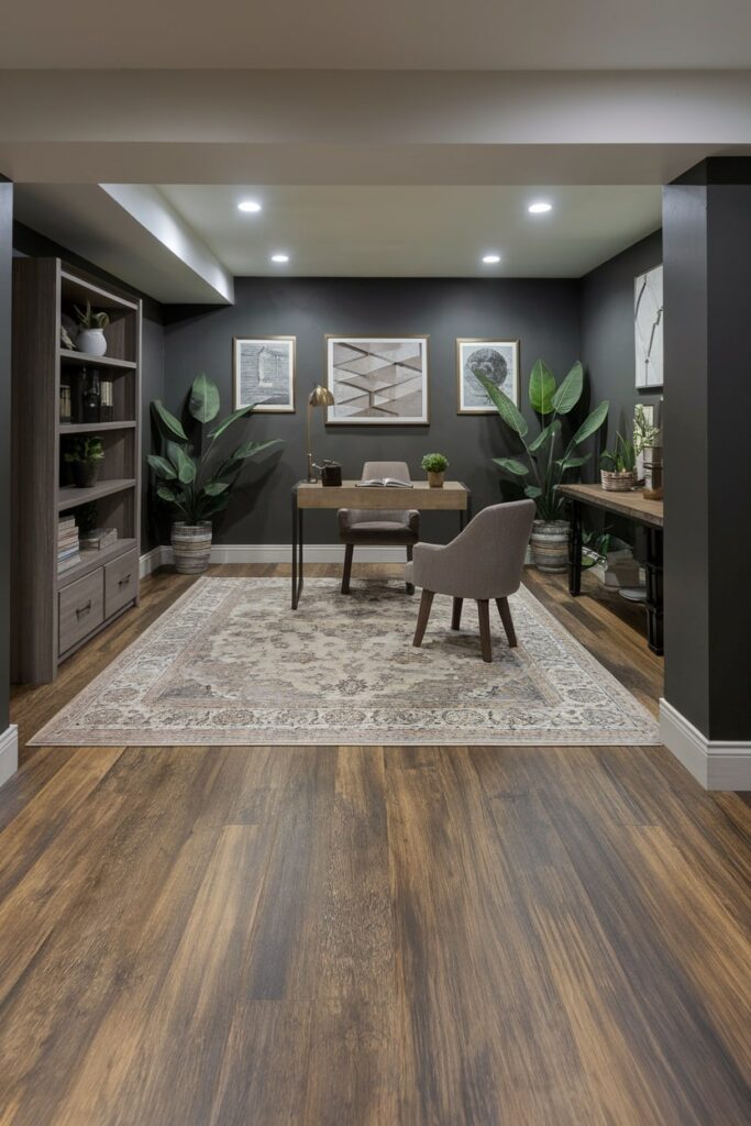 basement office with dark walls, moisture resistant vinyl flooring