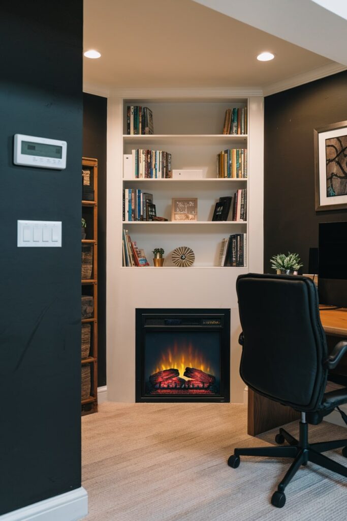 basement office with electric fireplace, black walls, and white shelves