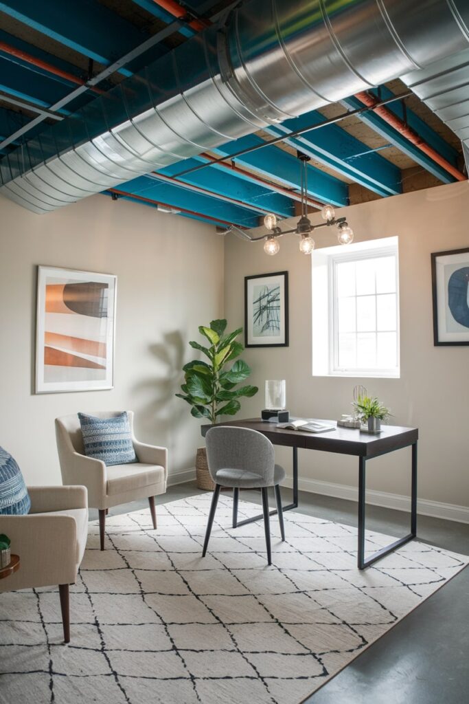 basement office with industrial ceiling and light fixtures, light area rug