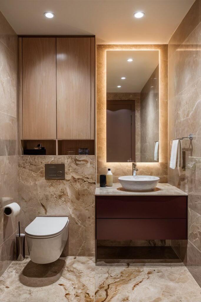 bathroom with beige porcelain tile and maroon vanity