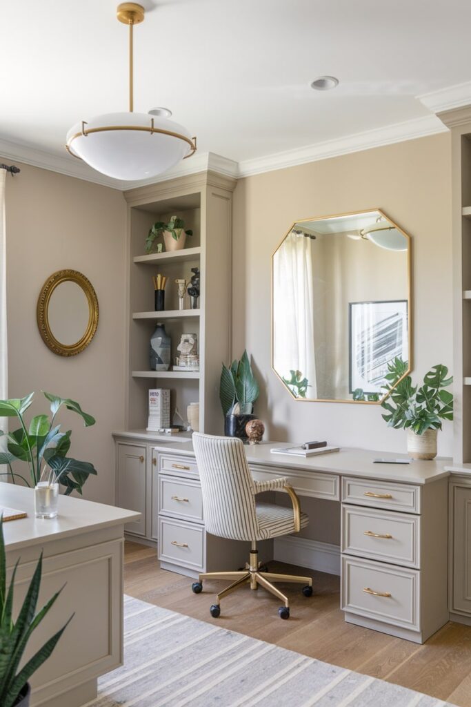 beige home office with gold hardware