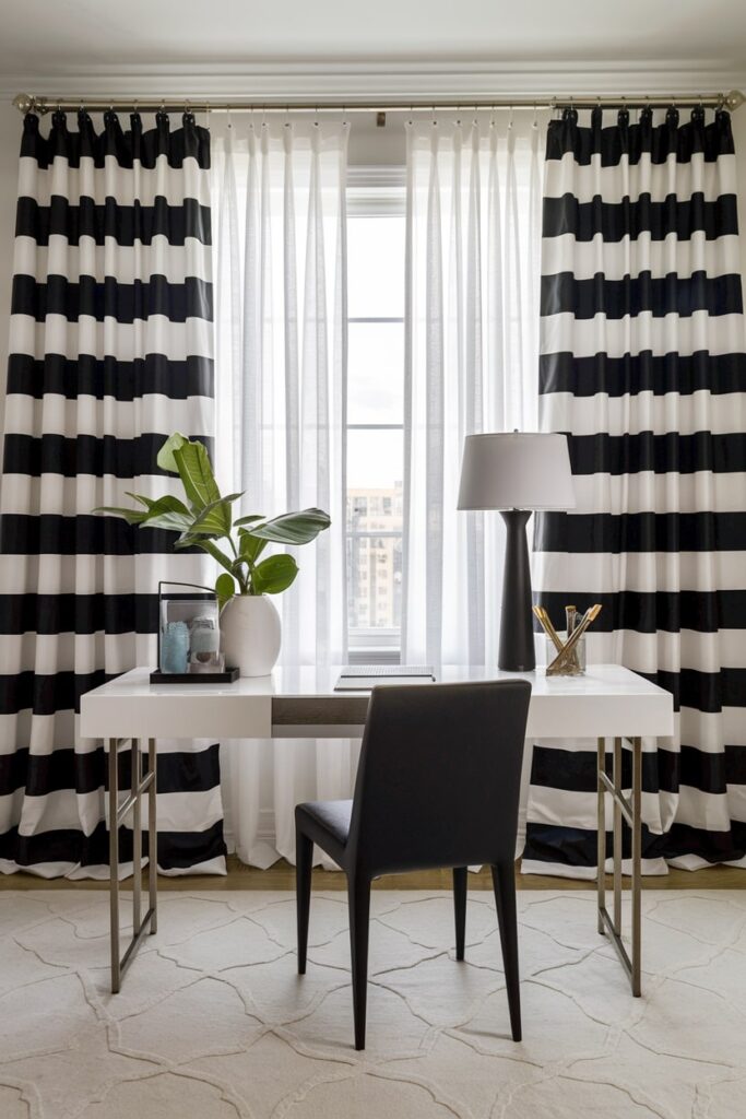 black and white drapery in the modern home office, black chair and table lamp