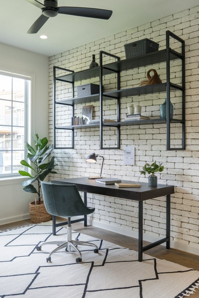 black and white home office with industrial elements, white bricks, industrial shelving