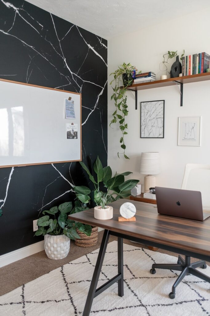 black and white home office with marbled accent wall