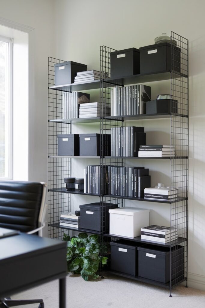 black classic grid storage shelving in the home office with white walls