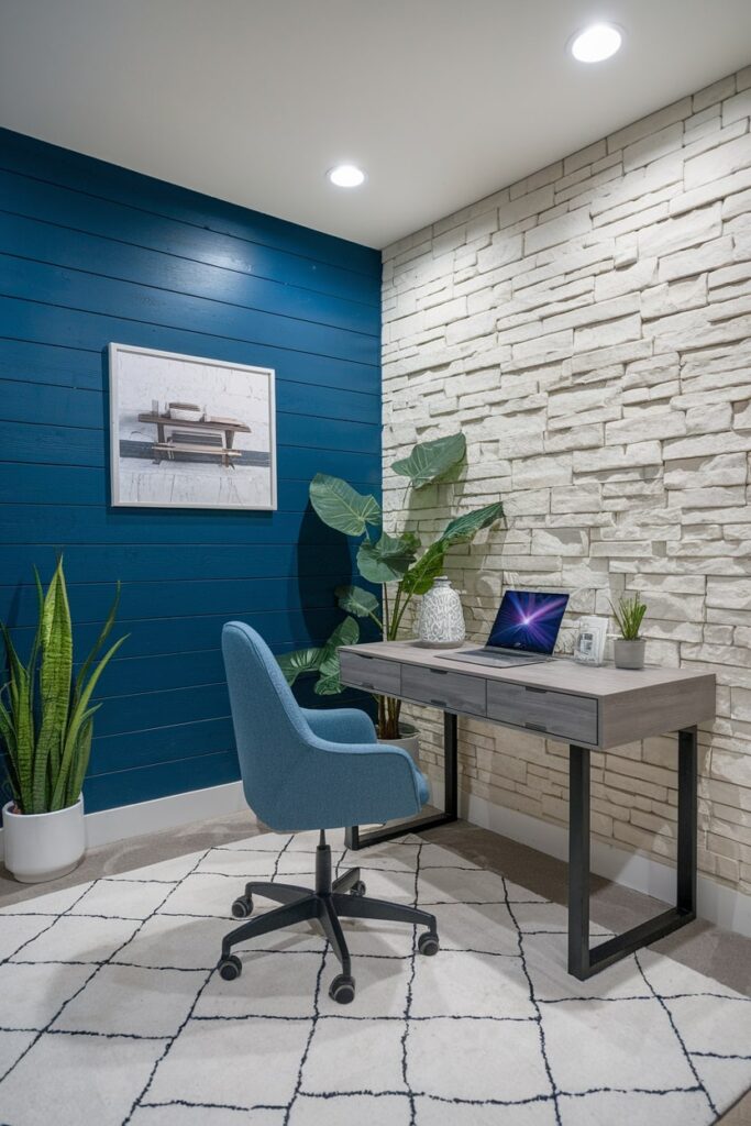 blue accent wall and stone wall in the basement office