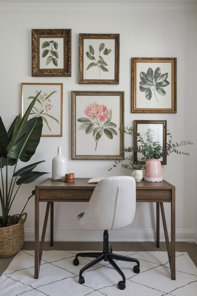 botanical art in the frames in the feminine home office