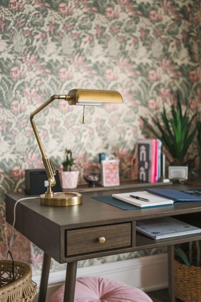 brass reading lamp on the dark wooden desk in the feminine home office