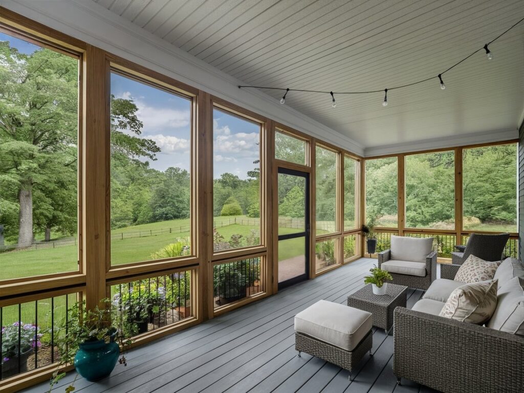 breezy screened-in back porch with natural wood windows