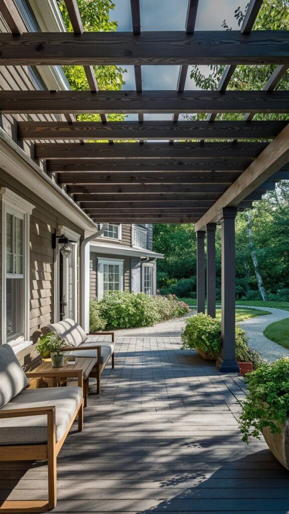 Cape cod house back porch with pergola roof