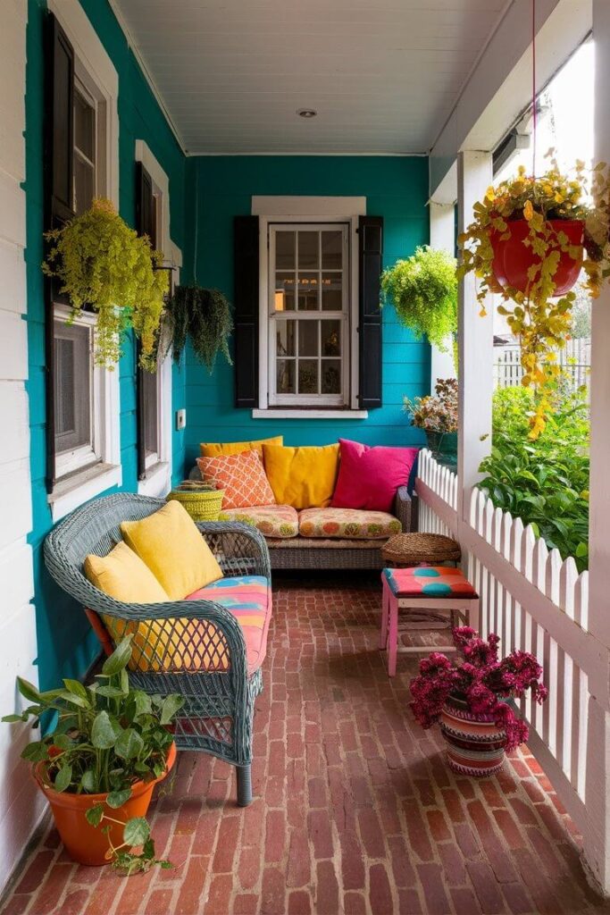 colorful back porch with bold, vibrant decor, brick floor