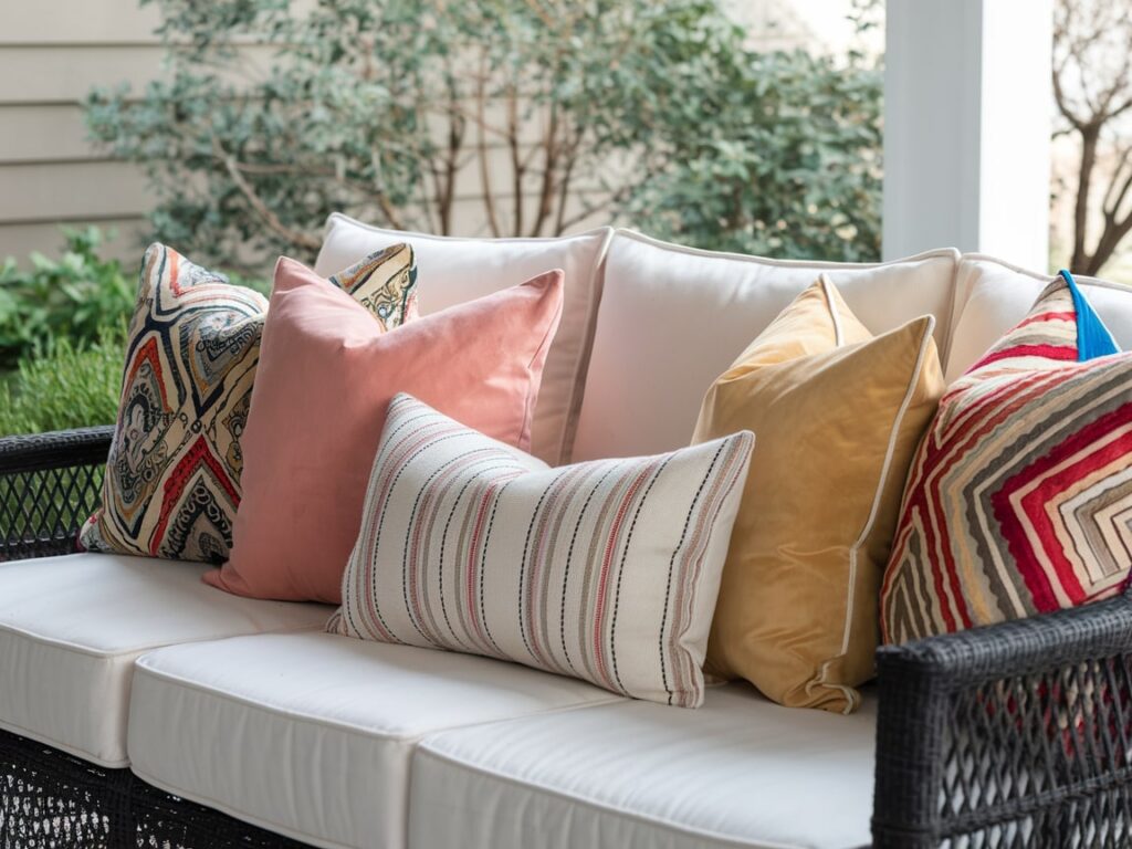 colorful throw pillows of various textures and patterns on the couch on the back porch