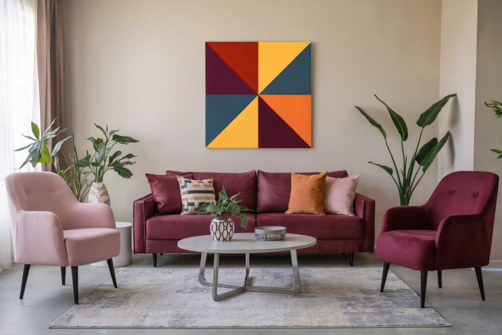 colors that go with maroon, maroon couch and accent chair, beige walls