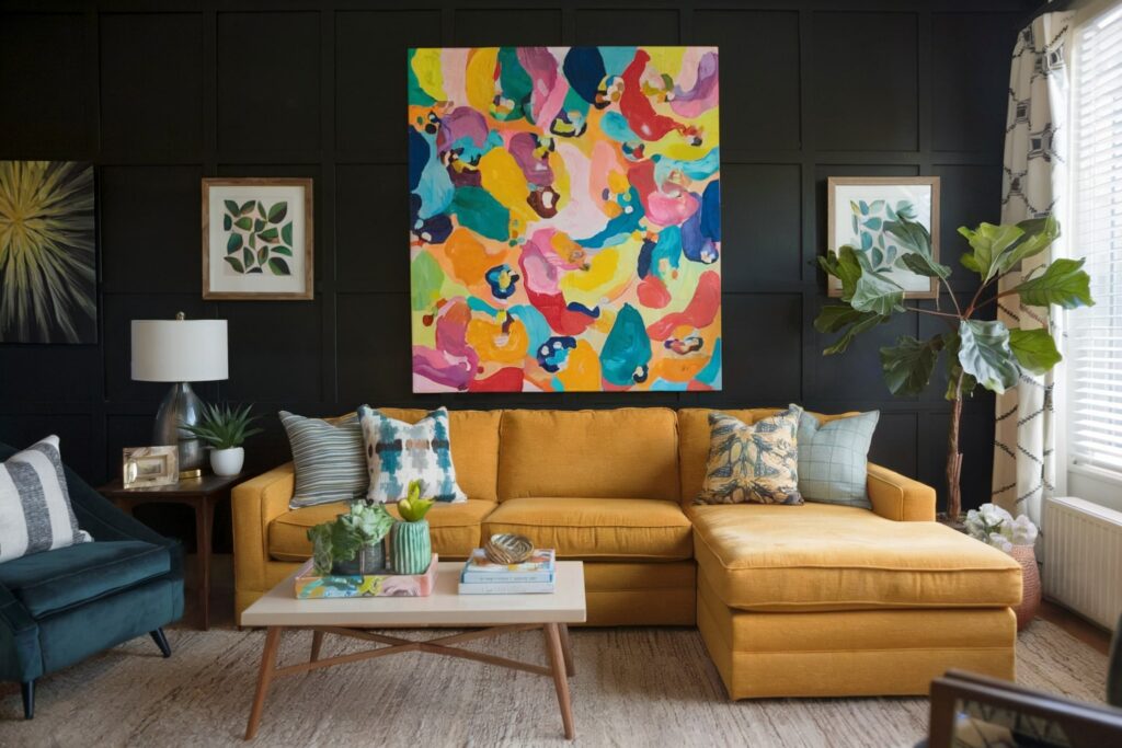 colors that go with yellow, black walls and yellow couch, colorful artwork