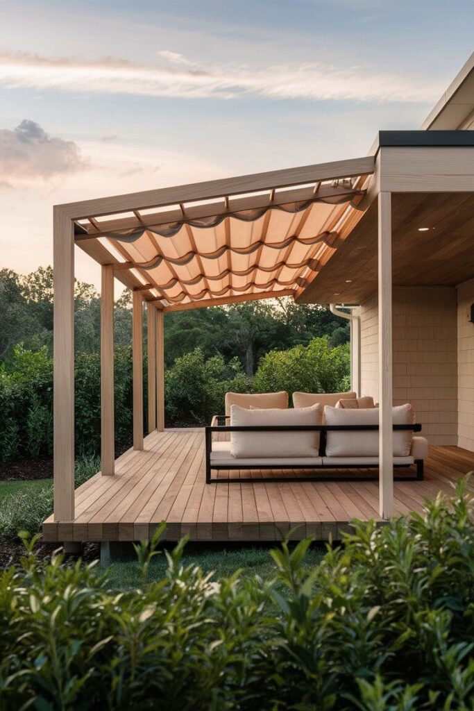 contemporary back porch design with a removable soft roof for shade