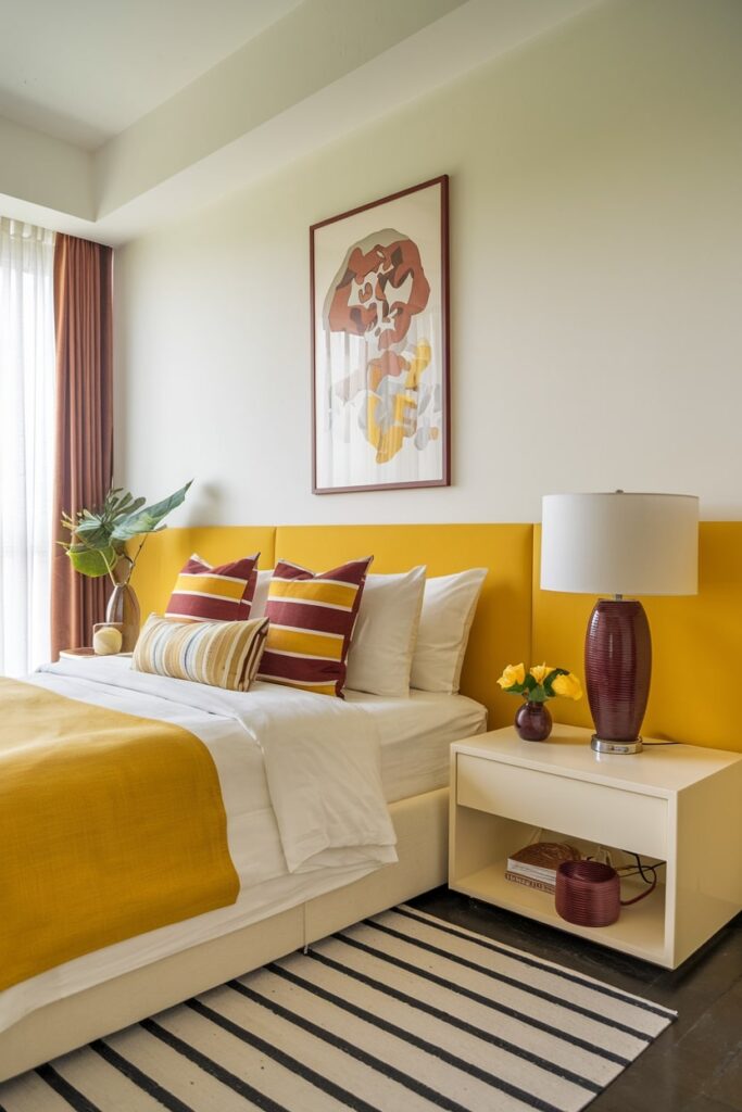 contemporary bedroom with yellow and white color maroon decor