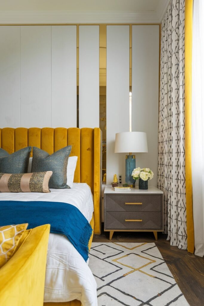 contemporary bedroom with yellow color headboard and gold accents