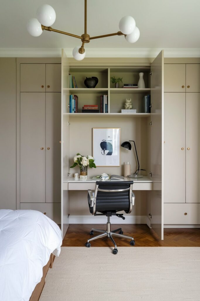 contemporary guest room with built-in cabinets and hidden workspace