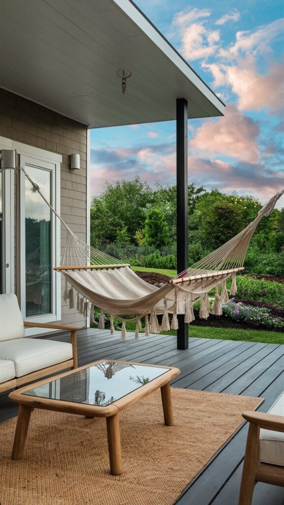 contemporary home's back porch with a hammock