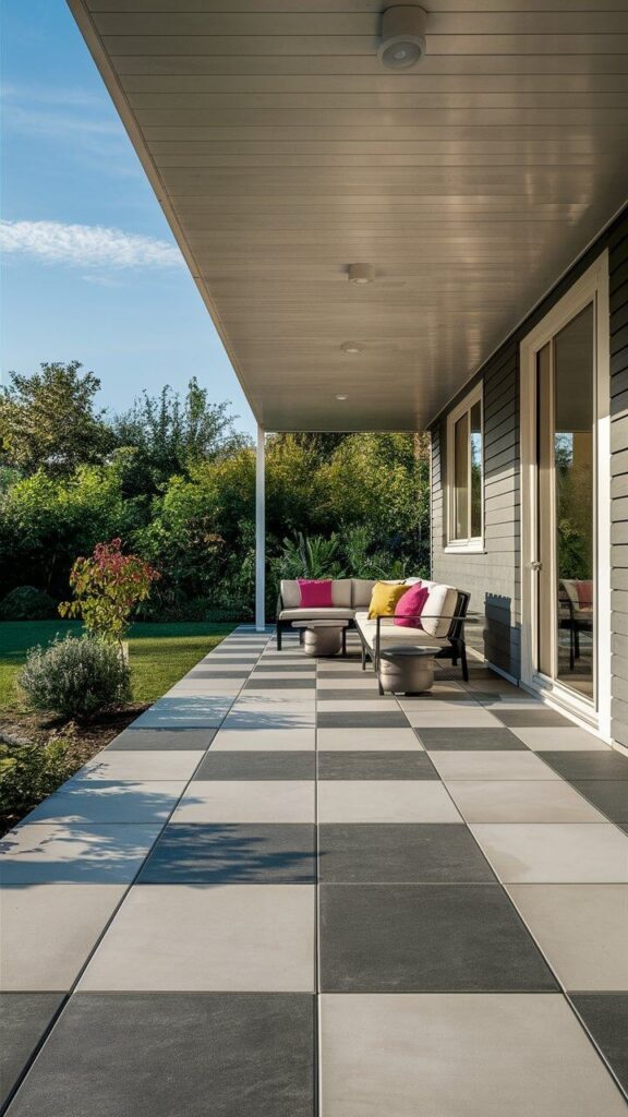 contemporary house's back porch with tiled floor