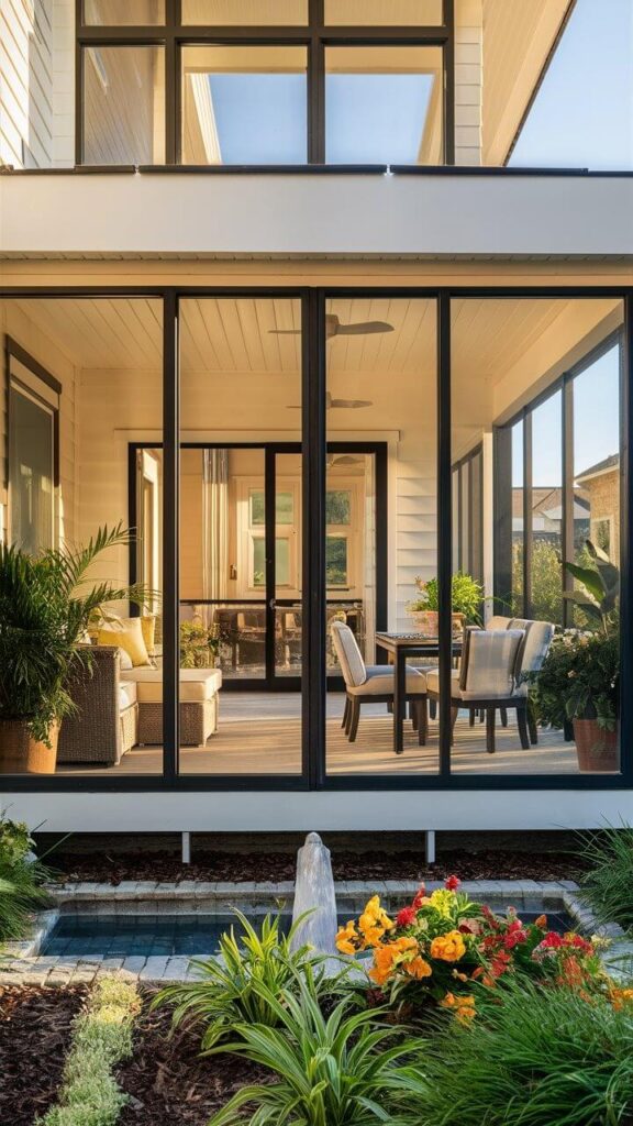 contemporary house's screened-in sunroom back porch, black windows