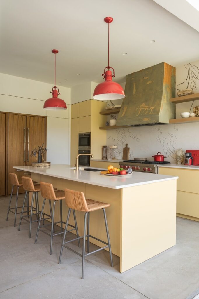 contemporary kitchen with light yellow cabinetry and red pendant lights