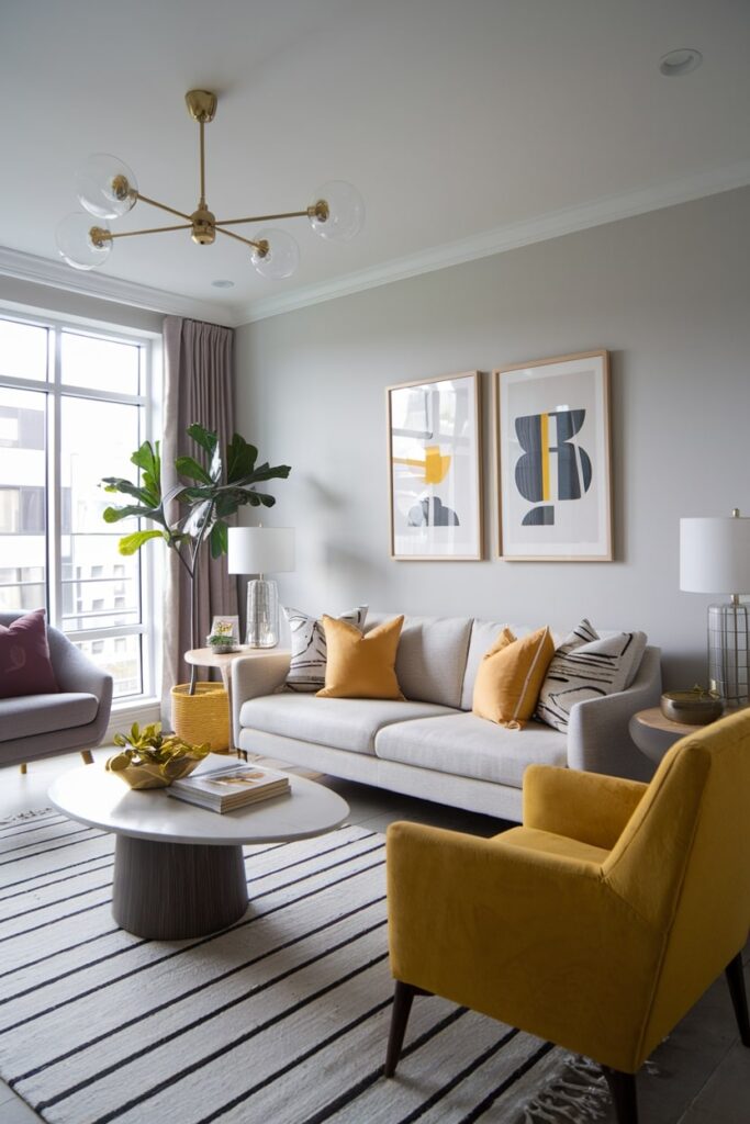 contemporary living room with light gray walls, yellow decor and chair