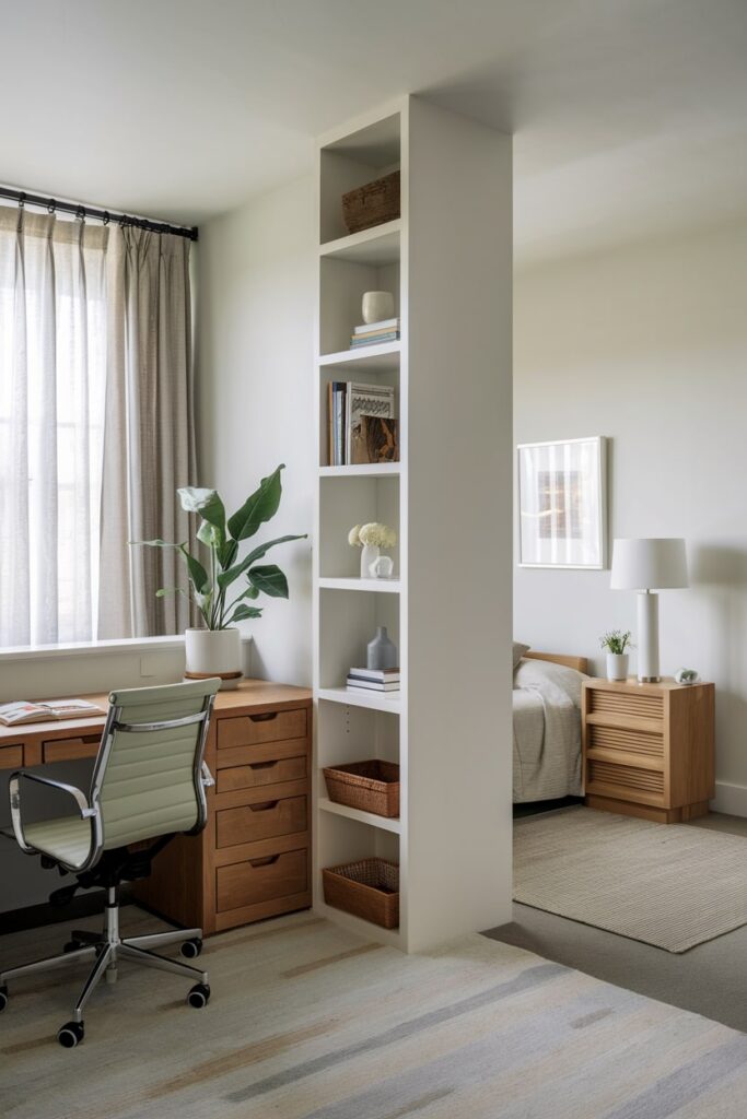 contemporary office guest room with tall bookshelf as room divider