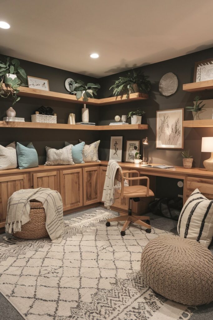 cozy basement office with a plush area rug, soft throw blankets, cushions