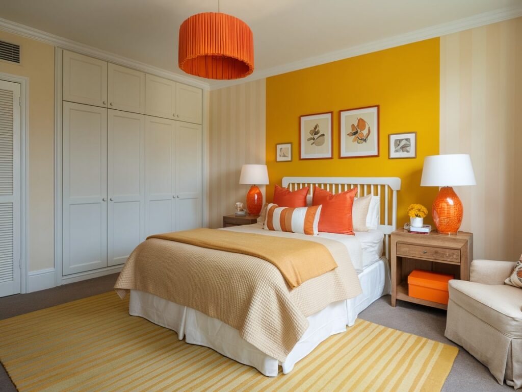 cozy bedroom with a yellow accent wall and orange decor, orange lamps and pillows