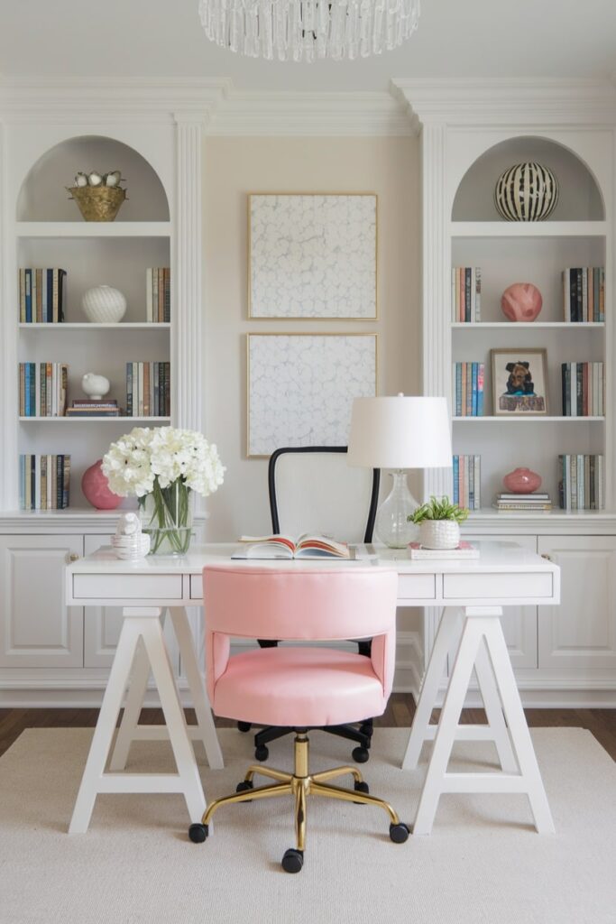 cozy home office or study room, white desk with pink chair, white built-ins