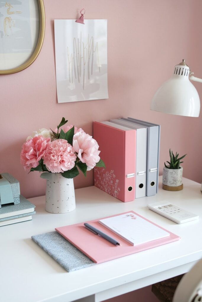 pink, blue, and light gray designer stationery in the feminine home office