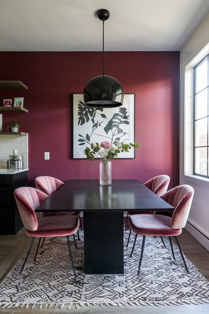 dining area with black table, maroon walls, and pink velvet chairs