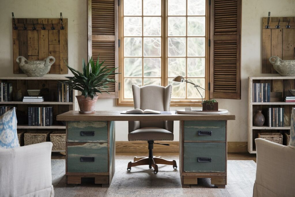 elegant rustic home office with old wooden desk