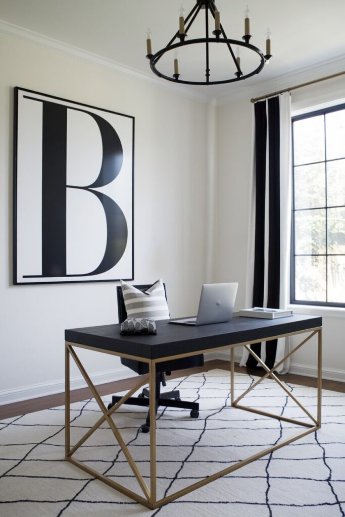 elegantly designed black and white home office with typography art