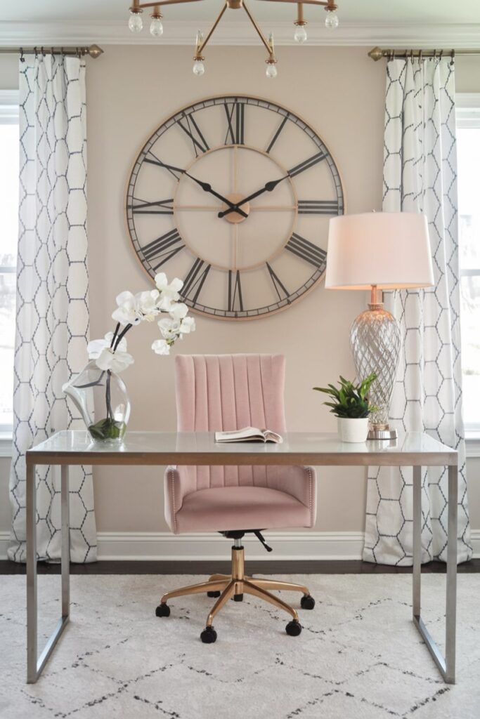 elegantly designed home office for her with a statement wall clock